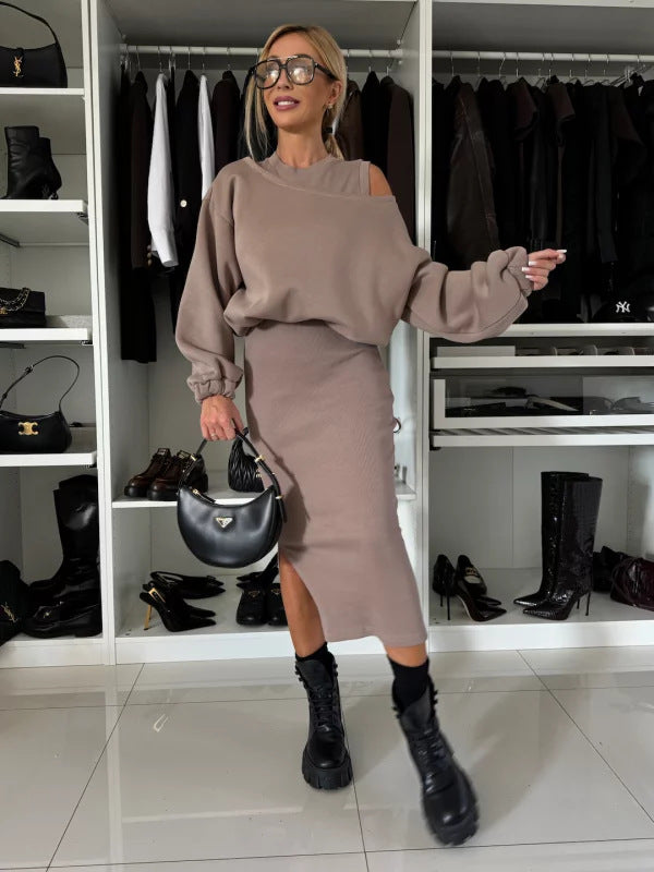 Off-neck Batwing Sleeve Short Sweater Vest Long Skirt Suit-Suits & Sets-Zishirts