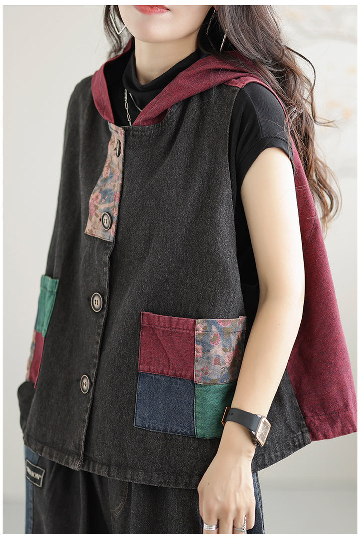 Women's Retro Loose Hooded Ethnic Style Stitching Patchwork Coat Vest-Womens 2024 March-Zishirts