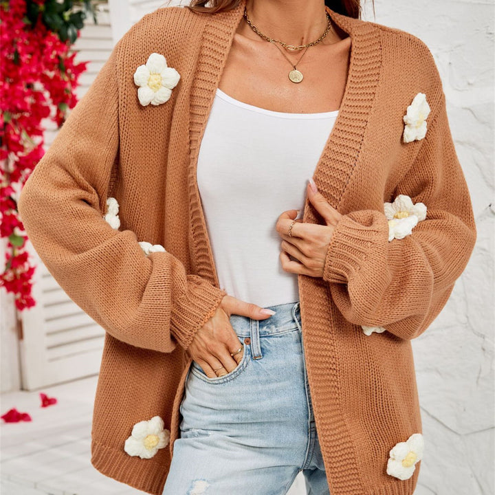 Women's Fashion Casual Flower Cardigan Lantern Sleeve Sweater Coat-Sweaters-Zishirts