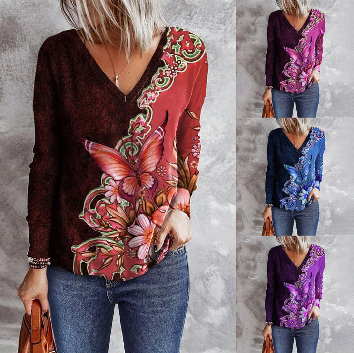 Women's Flower Butterfly Printed V-neck Long Sleeve Loose T-shirt-Blouses & Shirts-Zishirts