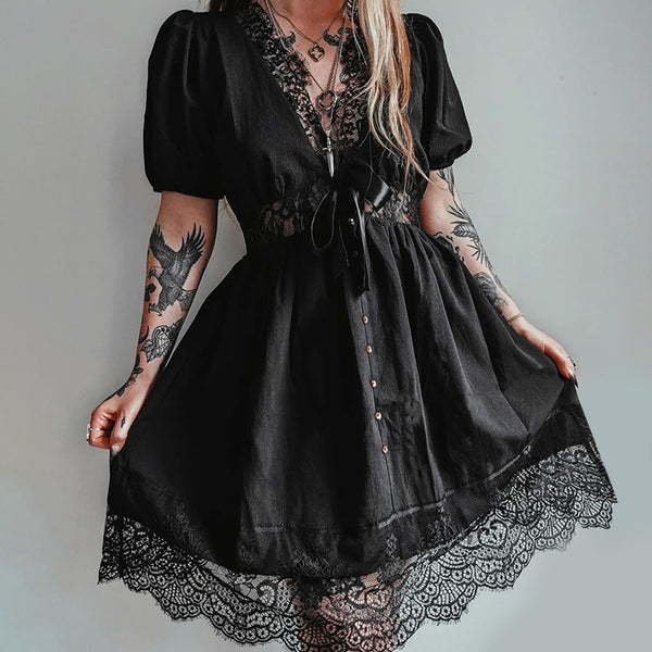 Women's Lace Texture Fabric Puff Sleeve Dress-Lady Dresses-Zishirts