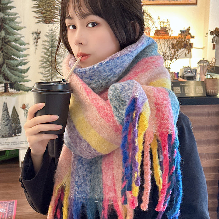 Colorful Striped Scarf For Women In Winter Versatile-Scarves & Wraps-Zishirts