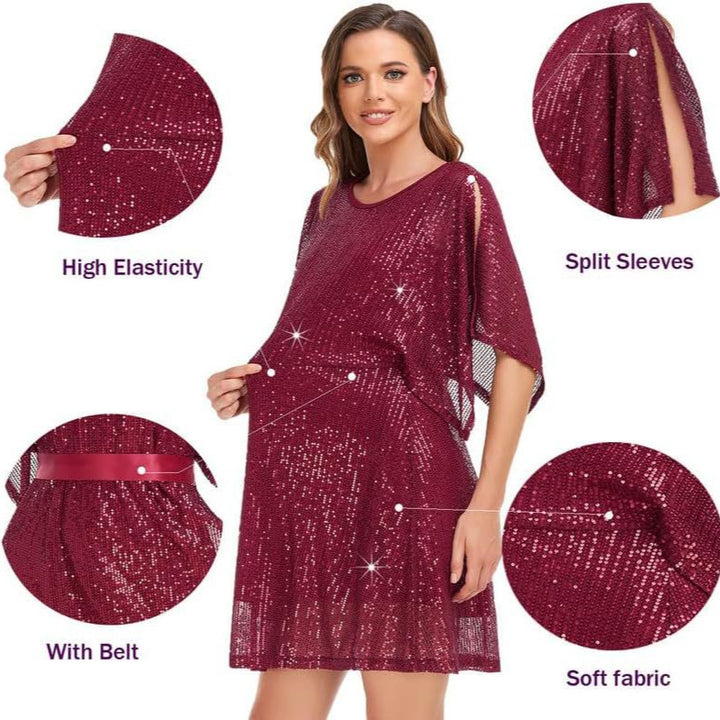 Women's Sequined Loose Slit Sleeve Casual Dress-Lady Dresses-Zishirts