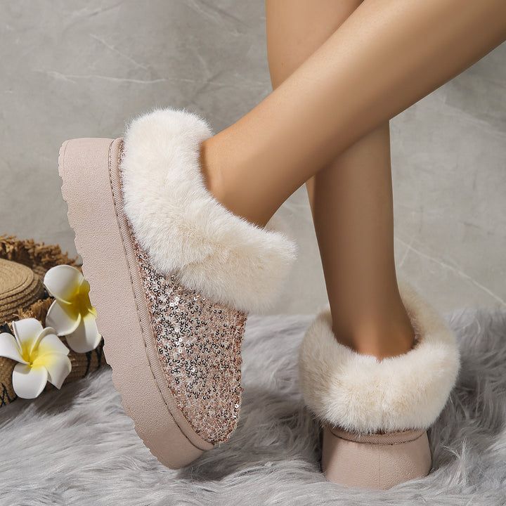 Fashion Sequined Thick-soled Plush Shoes Winter Indoor And Outdoor Casual Warm Slippers Women Garden House Shoes-Womens Footwear-Zishirts