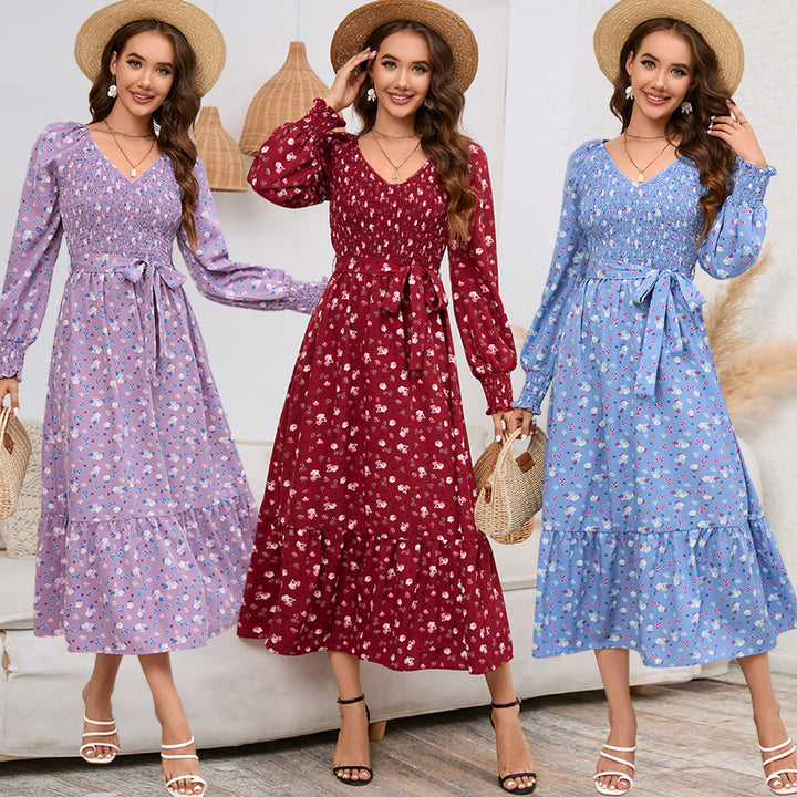 Women's All-matching Slim Fit Slimming Bubble Long Sleeve V-neck Floral Long Dress-Lady Dresses-Zishirts