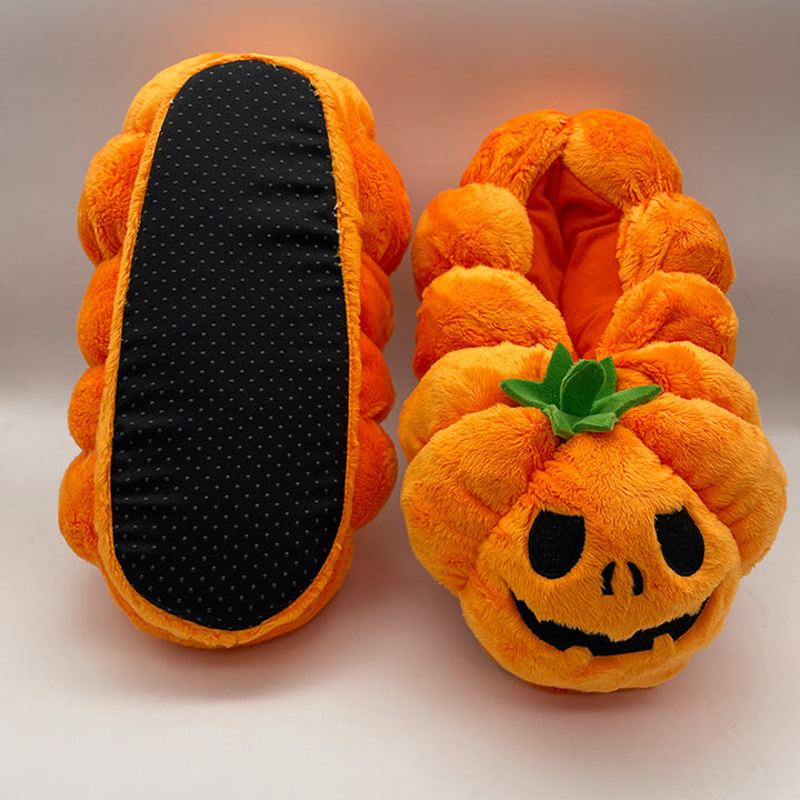 Women's Home Bedroom Halloween Pumpkin Plush Slippers-Womens Footwear-Zishirts