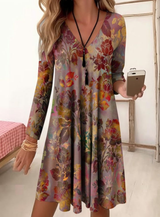 V-neck High Waisted Printed Sleeve Loose Fitting Dress-Womens 2024 March-Zishirts