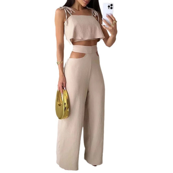 Cross-border Solid Color Sling Top Casual Hollow-out Trousers Suit-Women's Outerwear 2023-Zishirts