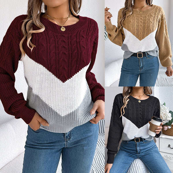 Color Matching Twist Lantern Sleeve Knitted Pullover Sweater-0-Zishirts