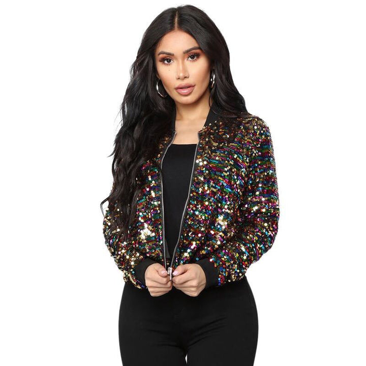 Fashion Colorblock Sequins Short Casual Jacket-Women's Outerwear 2023-Zishirts