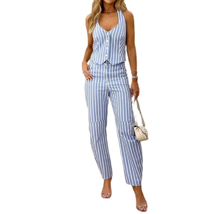 Striped Printed V-neck Sleeveless Suit-Women's Outerwear 2023-Zishirts