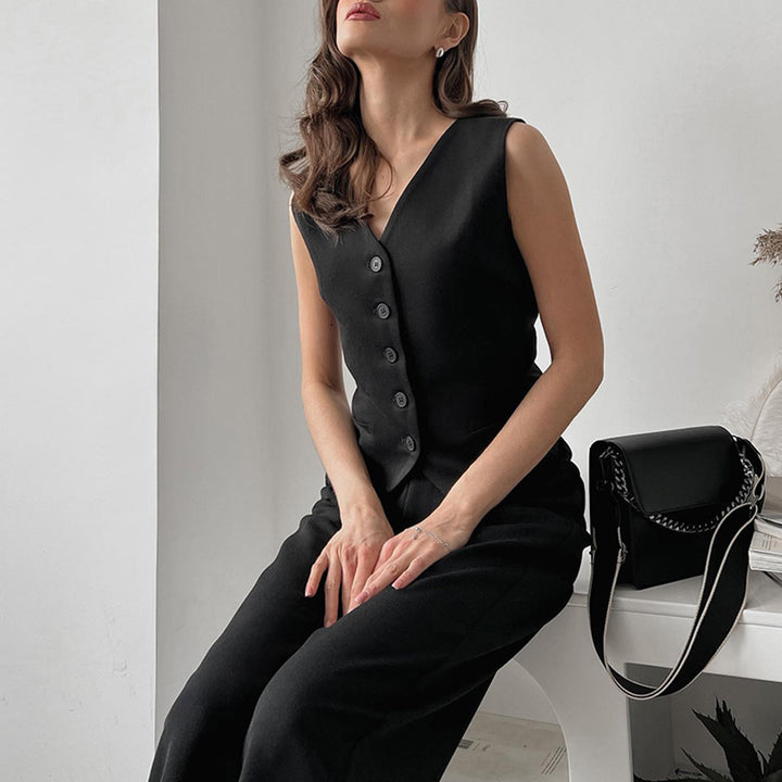 Women's Graceful And Fashionable Vest High Waist Straight Pants Suit-Suits & Sets-Zishirts