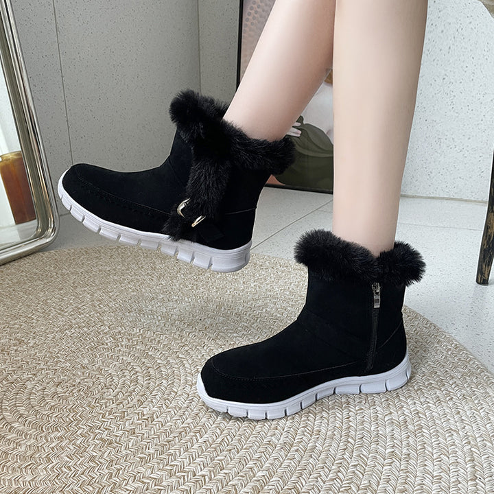 New Snow Boots Winter Warm Thickened Solid Color Plush Ankle Boots With Buckle Design Plus Velvet Flat Shoes For Women-Womens 2024 March-Zishirts