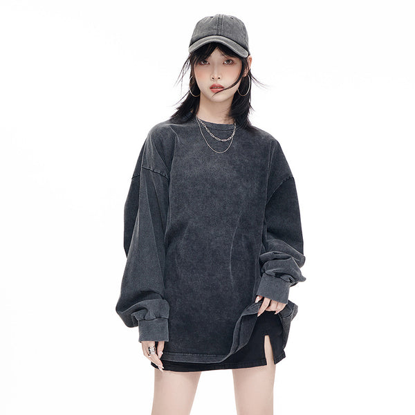 Heavy Distressed T-shirt Long Sleeve Plus Size Drop Shoulder Cotton Washed-out Vintage Autumn Clothes Loose Women-Women's Outerwear 2023-Zishirts