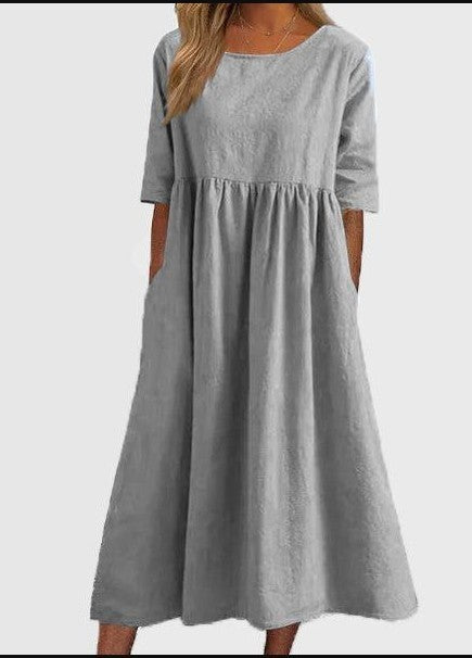 Spring And Summer New Round Neck 5-point Sleeve Plus Size Casual Loose Long Solid Color Cotton And Linen Dress-Womens 2024 March-Zishirts