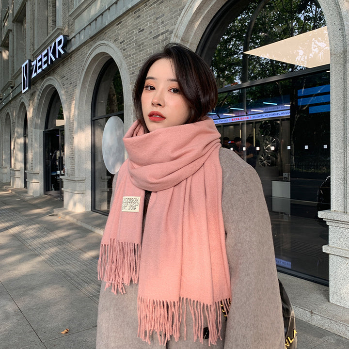 250g Solid Color Artificial Cashmere Scarf Thickened Warm Tassel Monochrome Shawl-Scarves & Wraps-Zishirts