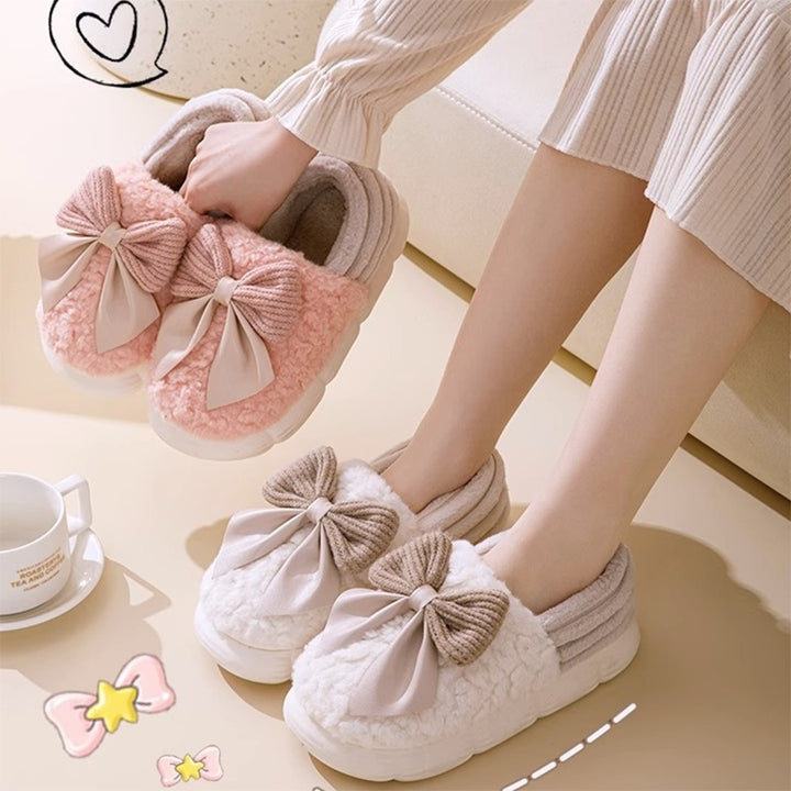 Big Bow-knot Fluffy Slippers Winter Warm Covered Heel Cotton Shoes Fashion Thick-soled Platform Slippers Indoor And Outdoor Garden Walking Shoes-Womens Footwear-Zishirts