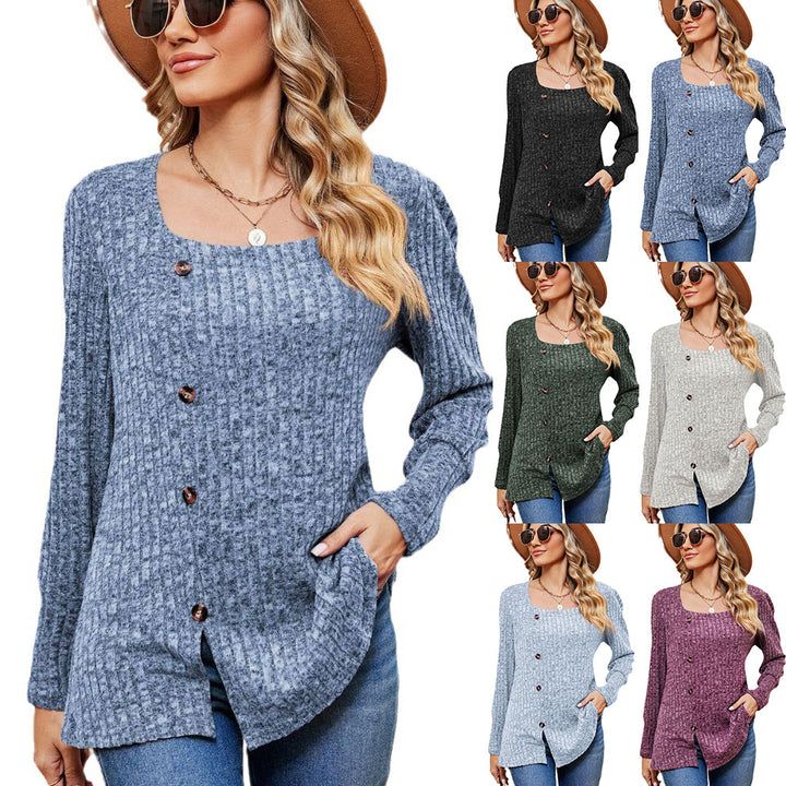 Women's Fashion Casual Loose Square Collar Button Long Sleeve Top-Blouses & Shirts-Zishirts