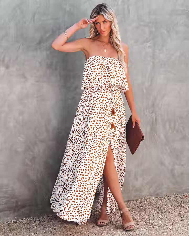 Leopard Print Floral-print Off-shoulder Ruffled Slit Dress-Women's Outerwear 2023-Zishirts