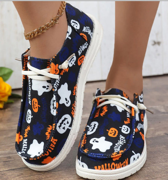 Halloween Pumpkin Print Ghost European And American Flat Canvas Casual Shoes-Womens Footwear-Zishirts