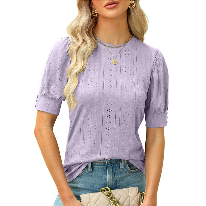 Summer Round Neck Hole Hollow-out Button Short-sleeved Casual Top-Women's Outerwear 2023-Zishirts