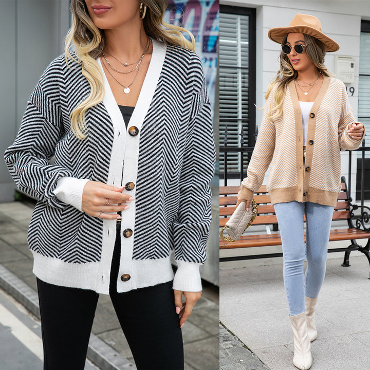 Women's Fashion Casual Cardigan Color Matching Button Sweater Top-Sweaters-Zishirts