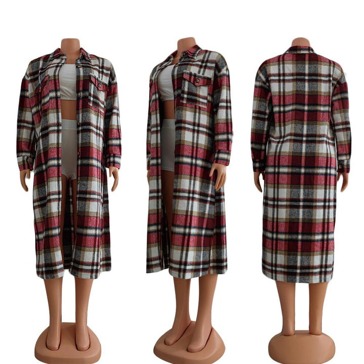 Women's Long Sleeve Lapel Plaid Woolen Coat-Jackets-Zishirts