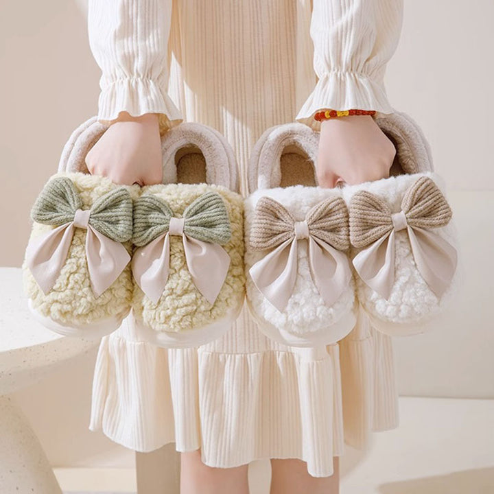 Big Bow-knot Fluffy Slippers Winter Warm Covered Heel Cotton Shoes Fashion Thick-soled Platform Slippers Indoor And Outdoor Garden Walking Shoes-Womens Footwear-Zishirts