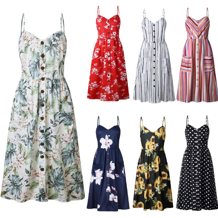 Women's Fashion Suspenders Floral Dress-Lady Dresses-Zishirts