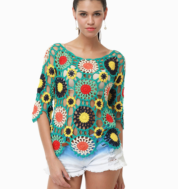 European And American Handmade Crochet Hollow-out Beach Cover-up Hand Crocheting Three-quarter Sleeve Crocheted Top-Sweaters-Zishirts