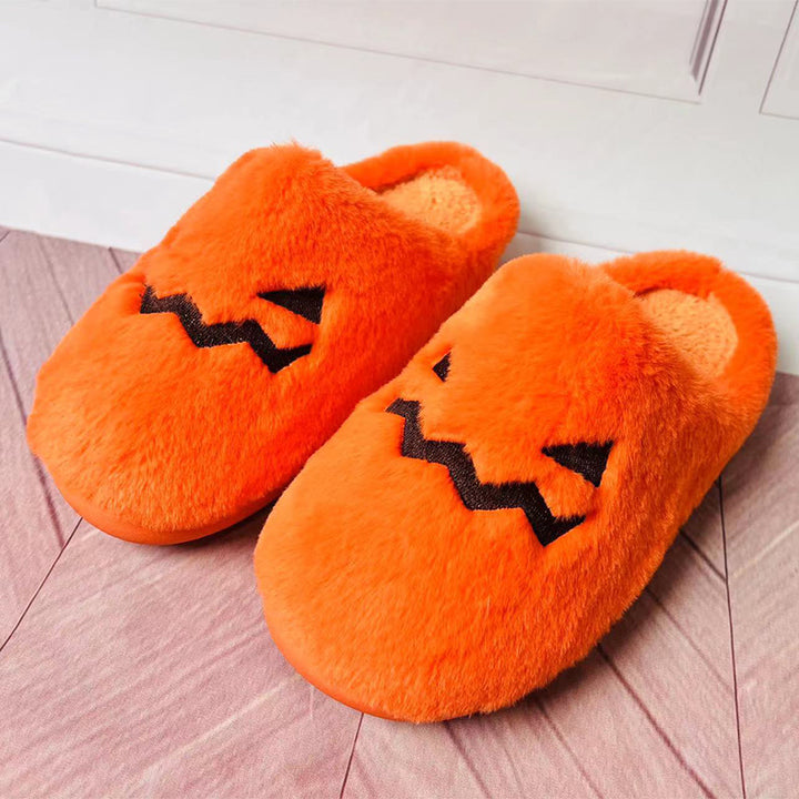 Cute Halloween Pumpkin Slippers Winter Warm Plush Bedroom Floor Home Slippers Casual Slip On Comfortable Cozy Indoor House Shoes-Womens Footwear-Zishirts