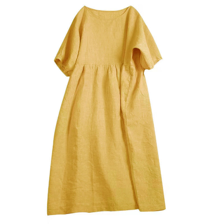 Linen Dress Mid Length Loose Mori Doll Sleeve Cotton Linen Skirt-Lady Dresses-Zishirts