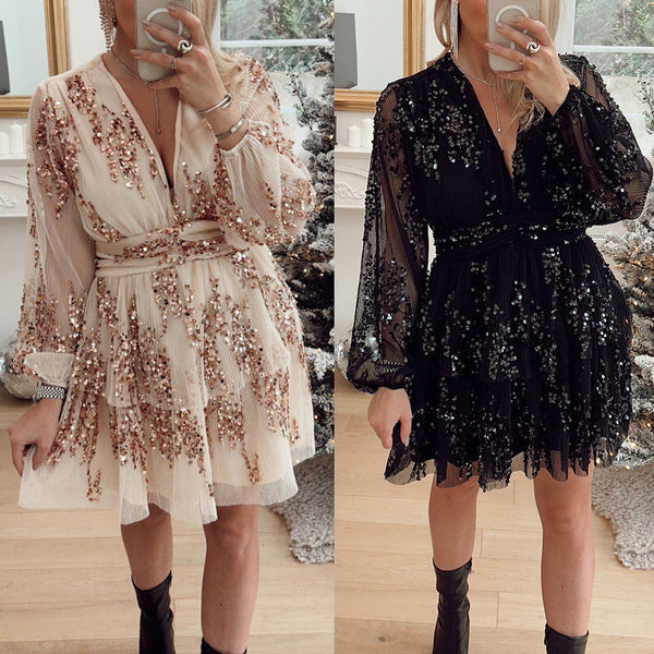 European And American Christmas Party Sequins Layered Dress INS Leisure-Lady Dresses-Zishirts