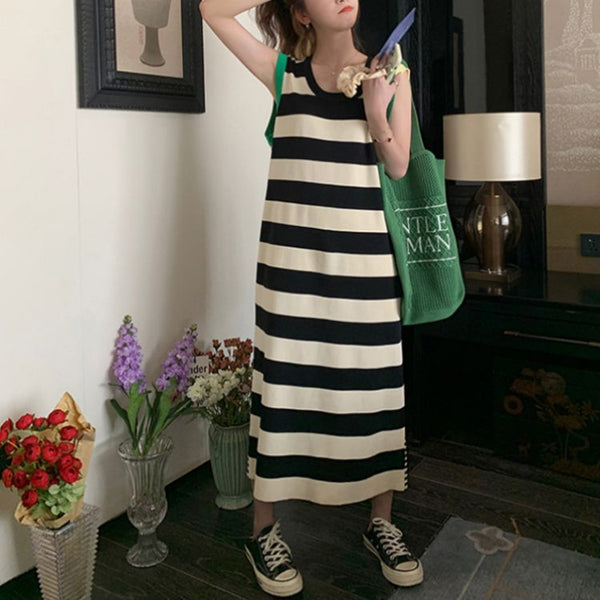 Korean Style Idle Style Black And White Striped Vest Dress-Lady Dresses-Zishirts