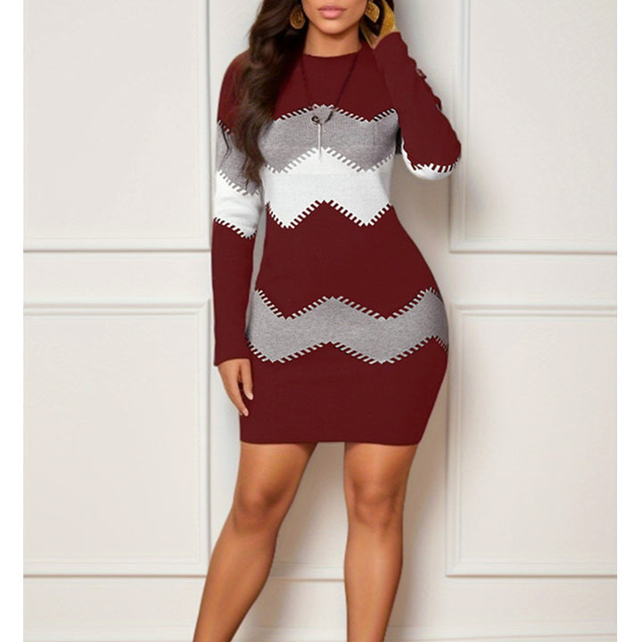 Mid-length Short Skirt Round Neck Long Sleeve Printed Knitted Sheath Dress-Women's Outerwear 2023-Zishirts