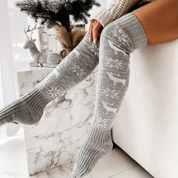 Winter Christmas Warm Knitted Women Stocking Beautiful Elk Snowflake Jacquard Over-the-knee Casual Long Socks For Ladies Gifts Free Size-Womens 2024 March-Zishirts