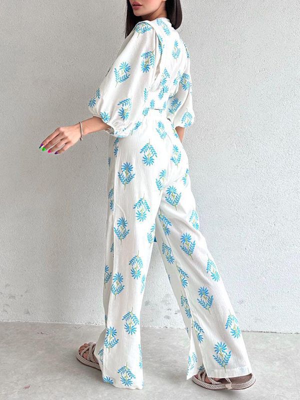 Women's Elegant V-neck Printed Puff Sleeve Top Trousers Two-piece Set-Suits & Sets-Zishirts