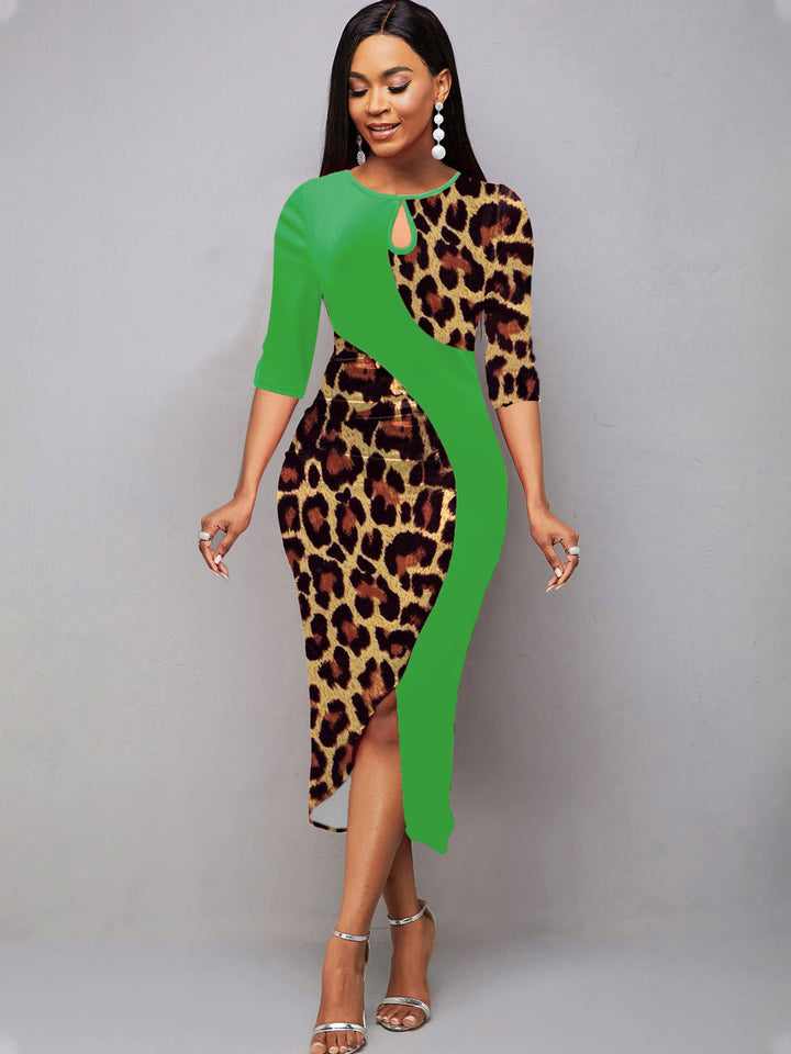 Intellectual Style Elegant Women's Leopard Print Pullover Round Neck Irregular Sheath Dress-Lady Dresses-Zishirts