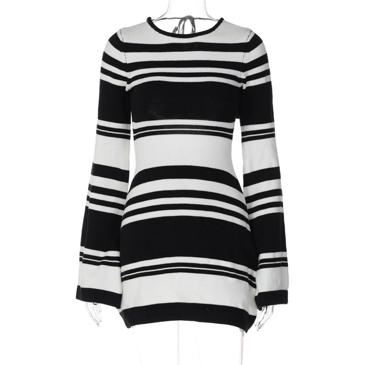 Knitted Sweater Striped Backless Flare Sleeve Tie-neck-Women's Outerwear 2023-Zishirts