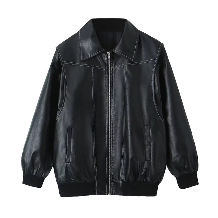 Loose Fashion Lapel Zip-up Jacket Cool Long Sleeve Zipper Closure Moto Biker Leather Jacket Womens Clothing-Jackets-Zishirts