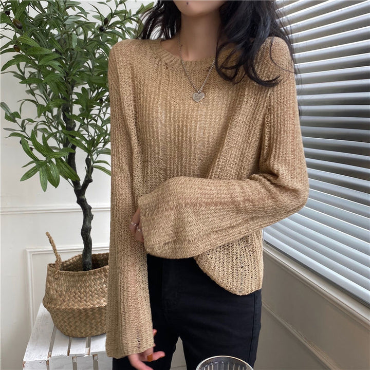 Women's Knitwear Autumn Ice Silk Hollow-out Knitted Blouse Outer Wear Thin Pullover Long Sleeve Sweater Fashion-Sweaters-Zishirts