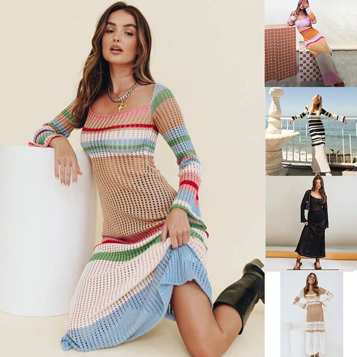 New Striped Colored Pullover Knitted Beach Bikini Blouse Long Dress-Suits & Sets-Zishirts