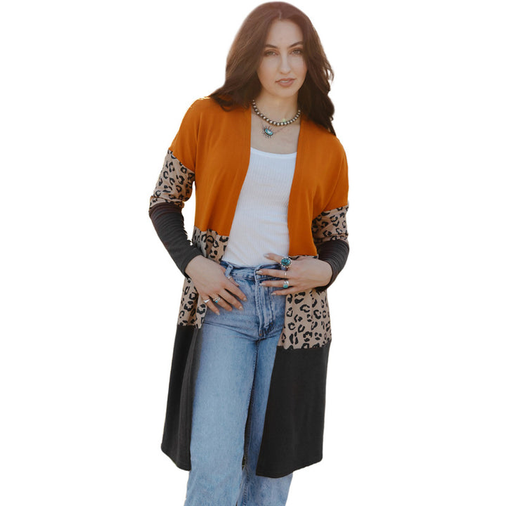 Leopard Print Cardigan Coat Women's Mid-length Knitted Top-Sweaters-Zishirts