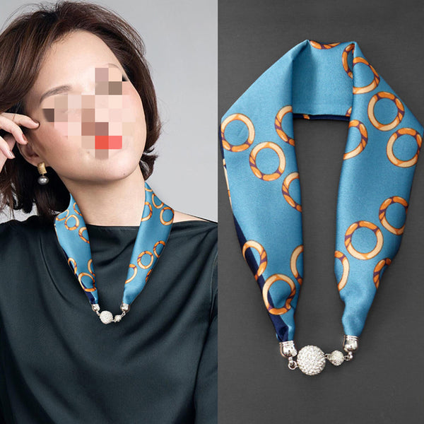 Magnetic Buckle Silk Women Scarf Pearl Necklace-Scarves & Wraps-Zishirts