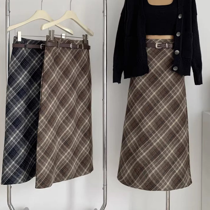 High Waist Mid-length Woolen Plaid Skirt For Women-Women's Outerwear 2023-Zishirts