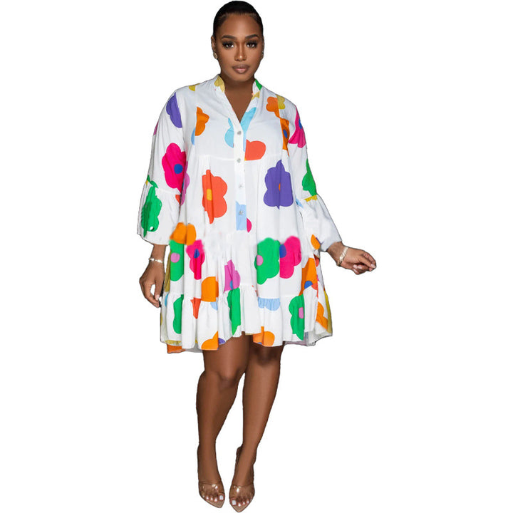 Women's Clothing Painted Print V-neck Long-sleeve Dress-Women's Outerwear 2023-Zishirts