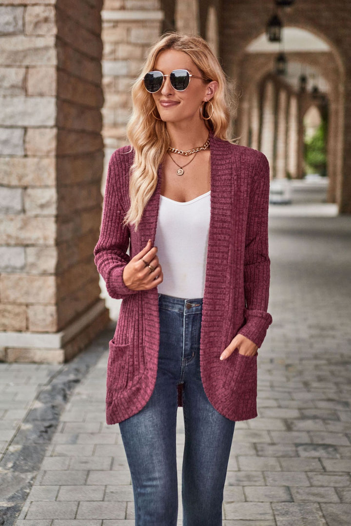 Solid Color Rib Fabric Sanding Casual Patchwork Long Sleeve Cardigan Jacket-Jackets-Zishirts