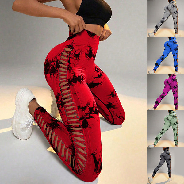 Hollow Tie Dye Printed Yoga Pants High Waist Butt Lift Seamless Sports Gym Fitness Leggings Slim Pants For Women Tight Trousers-Women's Outerwear 2023-Zishirts