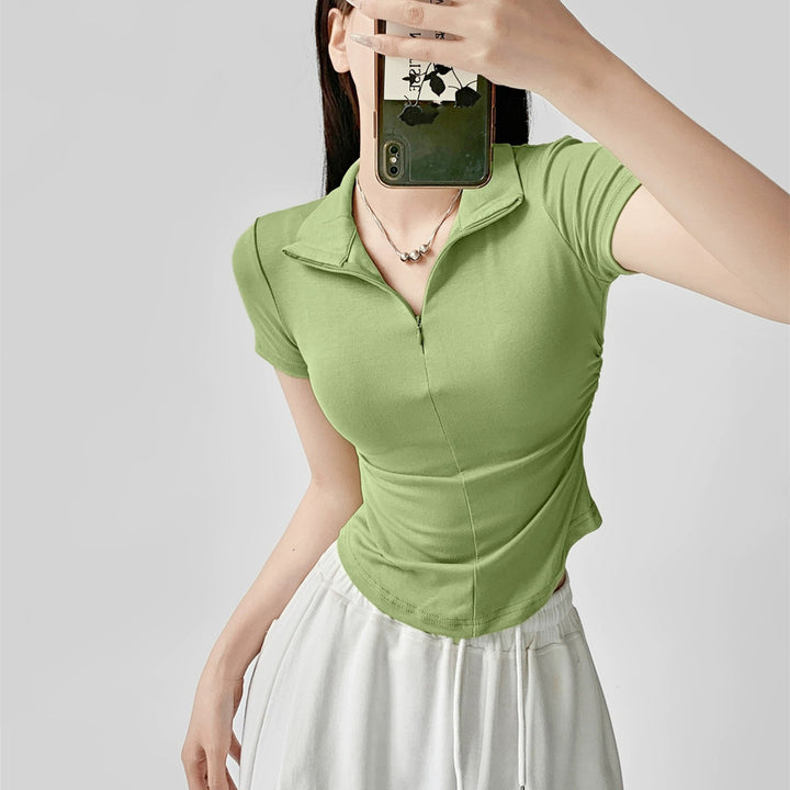 Women's Fashionable Temperament Pleated Short Sleeve T-shirt Top-Blouses & Shirts-Zishirts