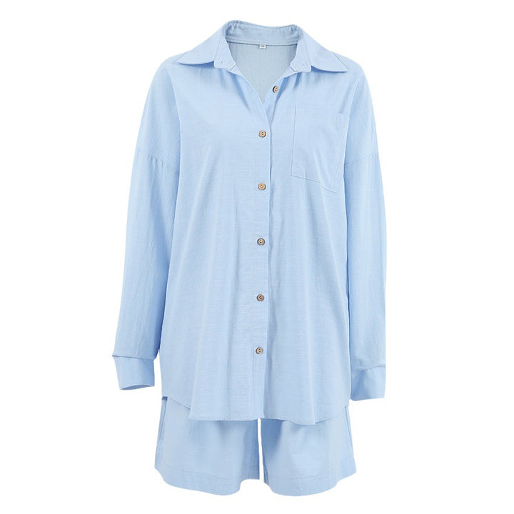 Fashion Cardigan Cotton And Linen Pure Color Comfort Pajamas Two-piece Set-Suits & Sets-Zishirts